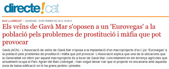 Notcia publicada per la web Directe!.CAT sobre el posicionament contrari de l'AVV de Gav Mar a la ubicaci d'un EuroVegas a Gav Mar (19 de febrer de 2012)